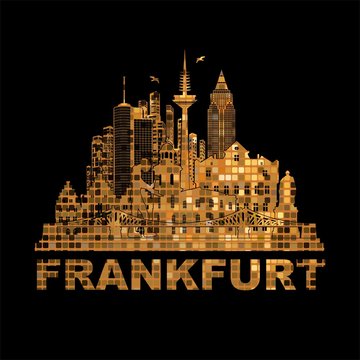 Frankfurt Silhouette aus goldenen Mosaikkacheln mit vielen Details und Sehensw&uuml;rdigkeiten Wahrzeichen Denkm&auml;lern der deutschen Stadt am Main - Vektor