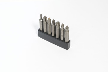 Many Head of screwdriver use of screwing a screw on white background