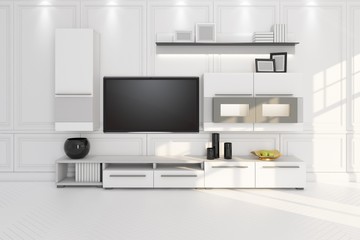 Fototapeta na wymiar living room with TV, furniture and shelf