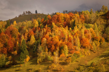 Autumn landscape hills in Romania County, traditional village