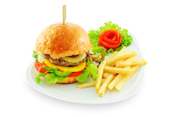 Hamburger with fries on white plate isolated on white background