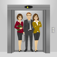 business people standing together inside office building elevator
