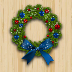 Christmas wreath. Green branch of fir with red, blue balls and blue bow on wood background. Christmas cards. illustration