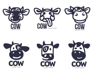 Set of funny cow head logo templates, cartoon vector illustration on white background. Set of cute, smiling, funny cow faces for dairy, beef, farm products logo design