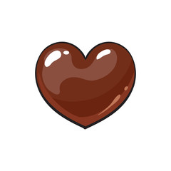 Heart shaped dark chocolate candy, sketch style vector illustration isolated on white background. Candy, bonbon, praline covered with milk or dark chocolate, appetizing shiny hand drawn dessert
