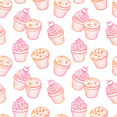 Seamless pattern with muffins and cupcakes.