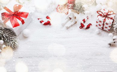 Christmas decorations with snow and sun glare