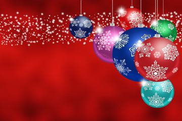 Christmas toys with snowflakes on abstract red background