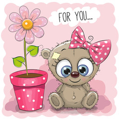 Greeting card Bear girl with flower