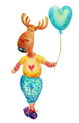 Christmas funny elk colorful watercolor illustrations. Funny character . Watercolor illustration elk portrait in a sweater with a heart, christmas print, happy christmas,Christmas balls