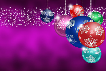 Fototapeta premium Christmas toys with snowflakes on abstract purple background