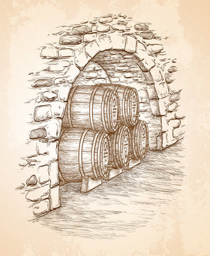 Ancient cellar with wine wooden barrels