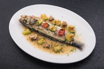 baked fish with grilled vegetables