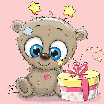 Greeting card cute Teddy Bear with gift
