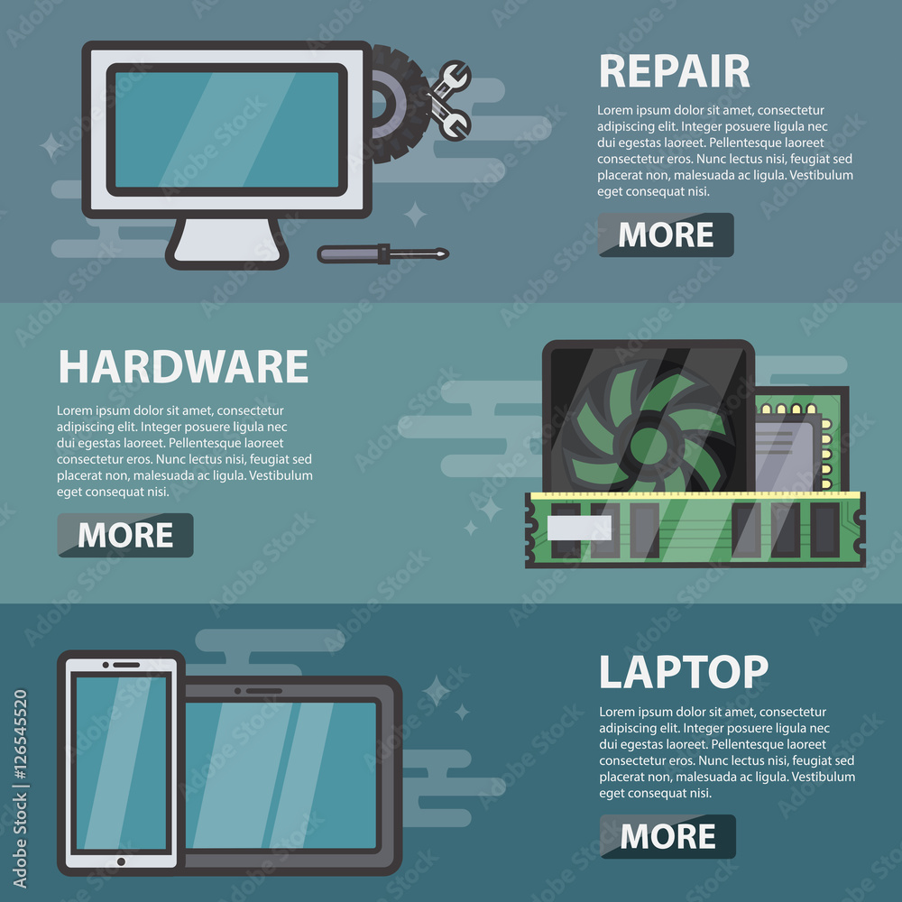 Wall mural vector line flat design horizontal banners of repair, hardware and laptop for websites. business con