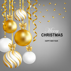 Merry Christmas and Happy New Year card with gold, white and striped balls and gold serpentine. Vector illustration.
