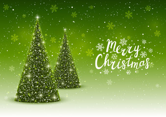 Christmas trees on shiny green background