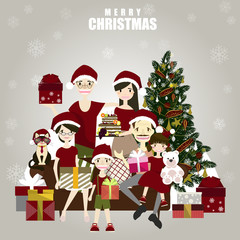 Happy family sitting with gifts and has Christmas tree at home.Vector/Illustration
