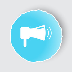 Blue app button with Megaphone icon on white.