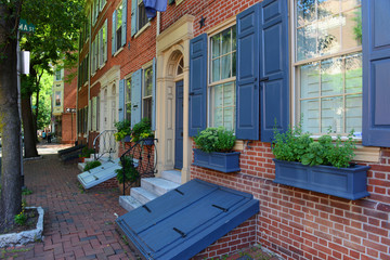 Historic Townhouse on Pine Street in old town Philadelphia, Pennsylvania, USA.