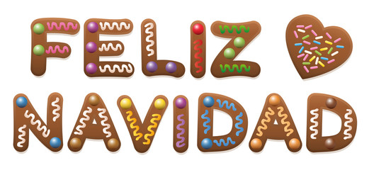 Feliz Navidad - Merry Christmas in spanish - written with gingerbread cake.