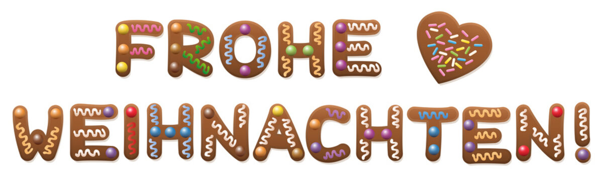 Merry Christmas in german language - Frohe Weihnachten - written with gingerbread cookies.