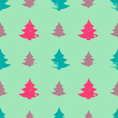 Abstract seamless pattern with Christmas trees in grunge style with scratches, vector  illustration