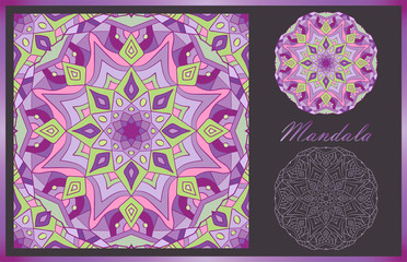 Two mandalas and seamless pattern with it in beautiful colors. Vector collection for your design