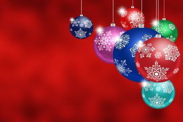 Fototapeta premium Christmas toys with snowflakes on abstract red background