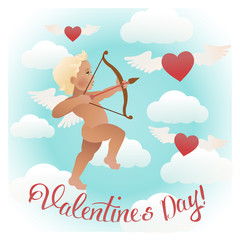 Cupid angel with bow and arrow aiming at someone's heart. Vector illustration. Valentine's day card decoration.