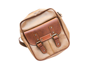 Men's accessories with leather bag on white background 