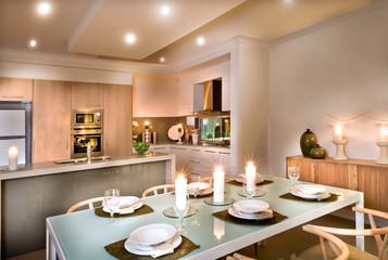 Modern dining room and the kitchen