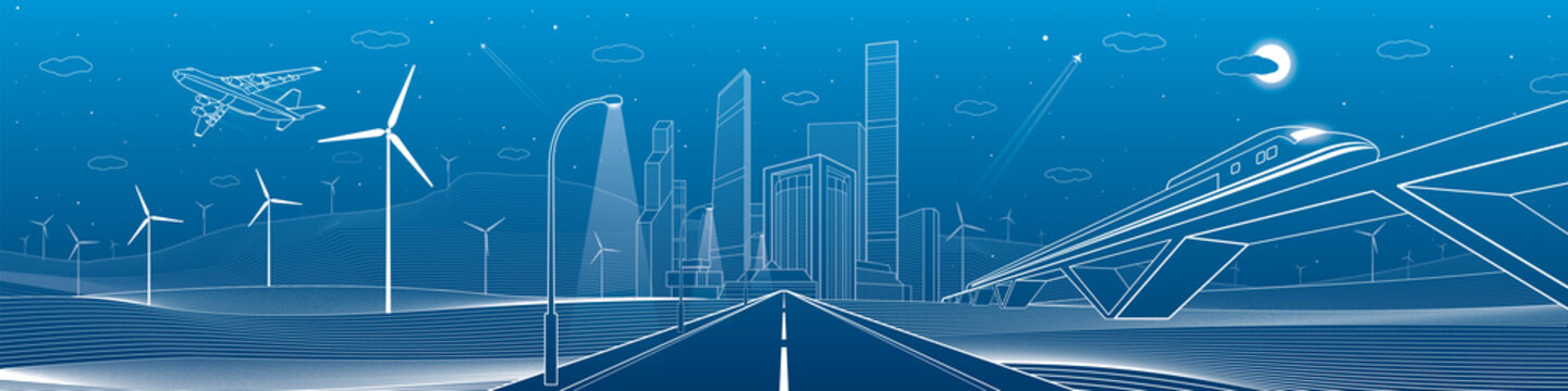 Infrastructure panorama. Highway, train traveling on bridges, business center, architecture and urban, neon city, wind turbines, white lines on blue background, dynamic scene, vector design art
