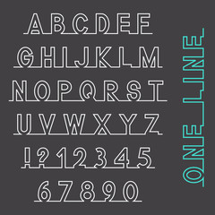 One line font, latin alphabet letters and numbers, white isolated on grey background, vector illustration.