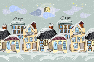 Christmas hand drawn winter town