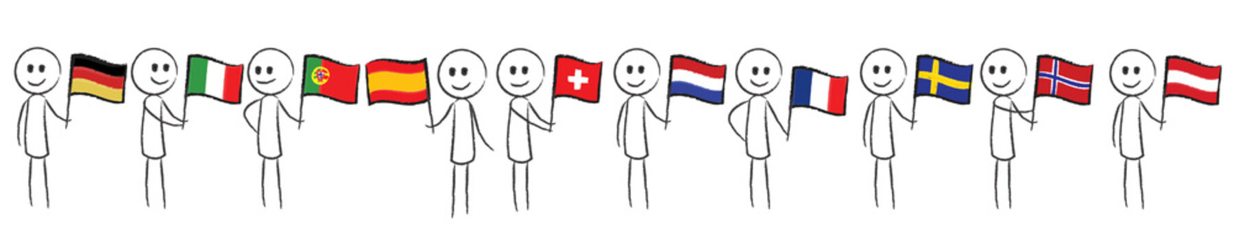 Viele Strichm&auml;nnchen mit Landesflaggen