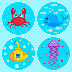Fototapeta na wymiar The Underwater icons, The set of colorful icons with cartoon heroes: crab, whale, jellyfish and submarine