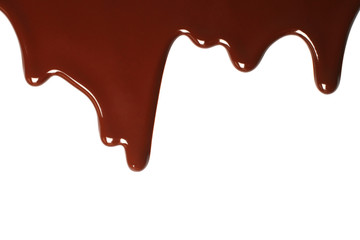 Melted chocolate dripping on white background