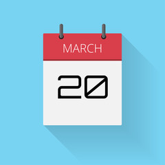 March 20, Daily calendar icon, Date and time, day, month, Holiday, Flat designed Vector Illustration
