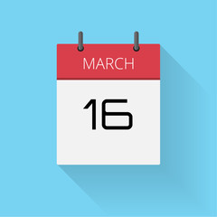 March 16, Daily calendar icon, Date and time, day, month, Holiday, Flat designed Vector Illustration