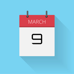 March 9, Daily calendar icon, Date and time, day, month, Holiday, Flat designed Vector Illustration
