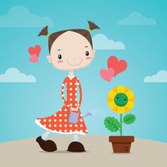 The Little girl watering flowers to plant, vector cartoon