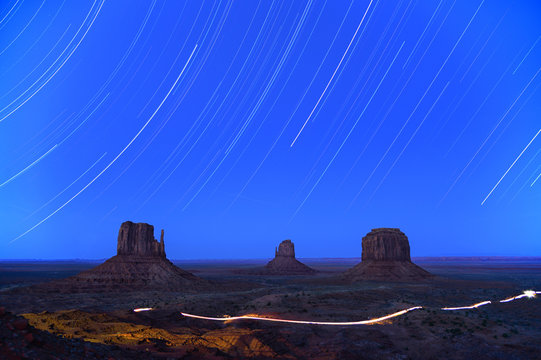 Star trails in the night&not;&dagger;in Monument Valley, USA