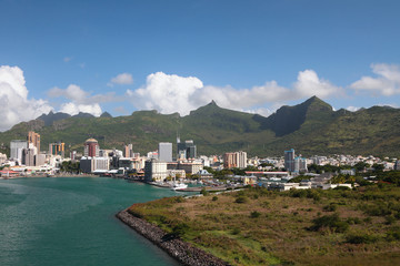 City between sea and mountains. Port Louis, Mauritius