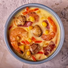 Homemade clam chowder with shrimps.