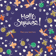 Abstract insects vector summer frame. Hello summer lettering. Grunge nature illustration
