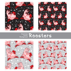 Cockerel - Vector Seamless Pattern, Seamless Background, Wallpaper. White, black, red. 