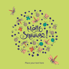 Abstract insects circle vector summer background. Hello summer lettering. Grunge nature illustration