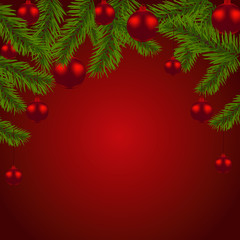 Green fir branches with red balls. Christmas decorations. Christmas symbol. New Year. On red background. illustration