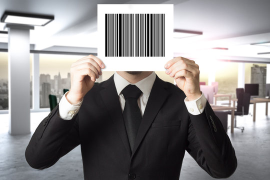 businessman hiding face behind sign barcode employee